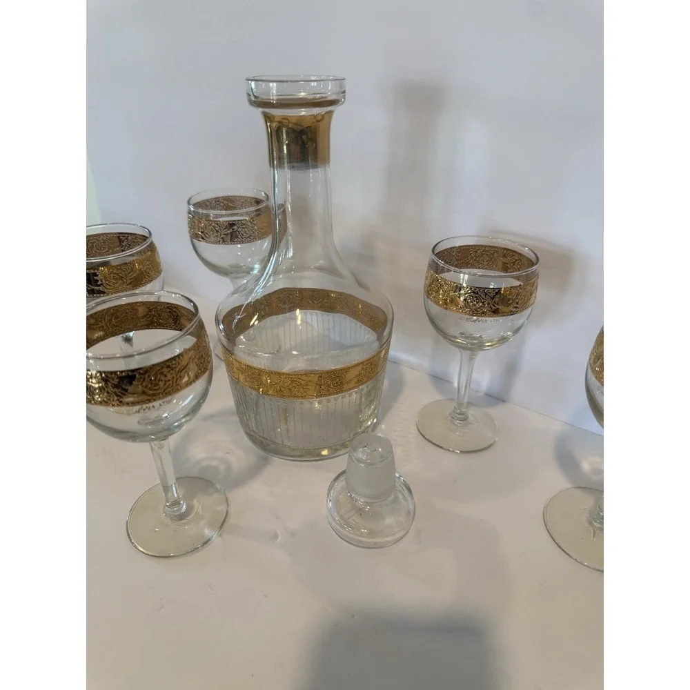 Vintage Culvers Ltd Tyrol 22K Gold Decanter & 5 Wine Glasses Made in USA 1960s